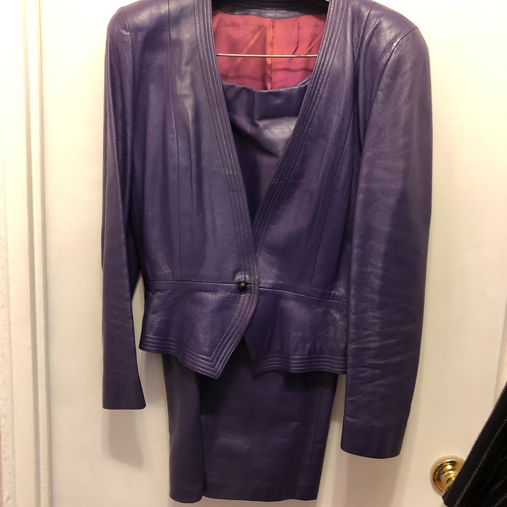Elegant genuine leather skirt suit set, size M